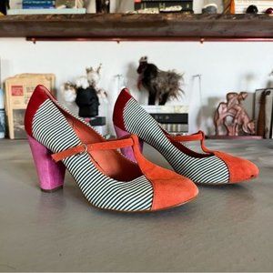 Desigual T Strap Suede Color Blocked Striped Heels